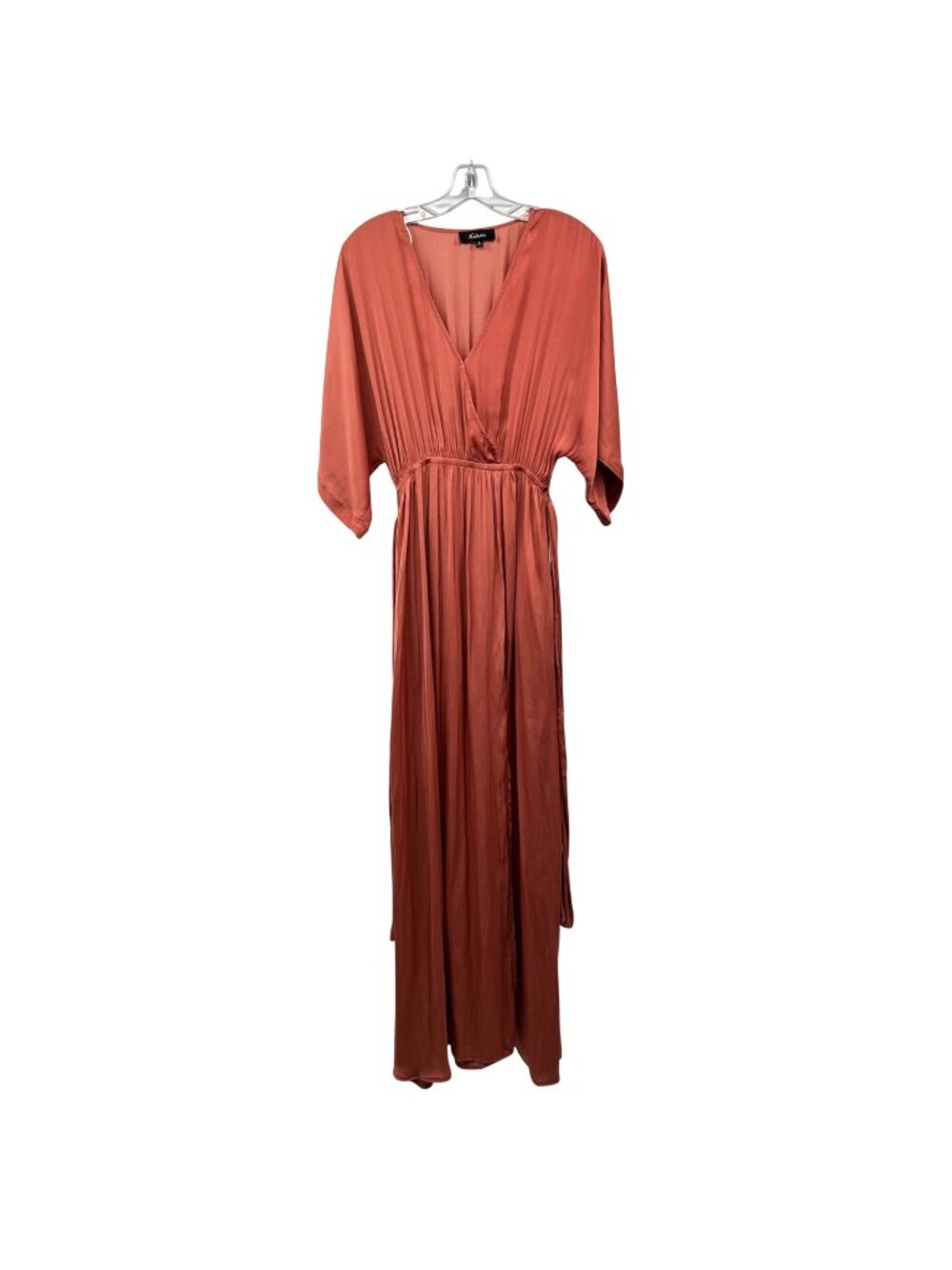 Aakaa Surplice Maxi Dress Belted  Short Sleeve Terracotta Front Slit Size Small